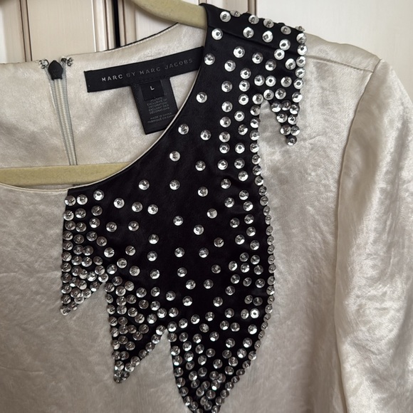 MARC BY MARC JACOBS Cosmo Night Star-Appliquéd Satin Mini Dress Size: L - Picture 15 of 17